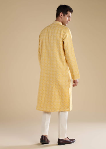 Yellow Jacquard Straight Mens Kurta and Pant Set