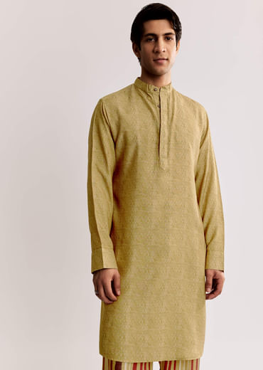 Yellow Linen Kurta Jacket Set With Ajrakh Print