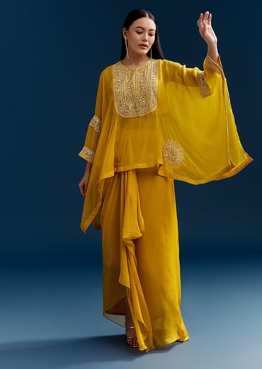 Yellow Organza Crop Top With Asymmetric Design