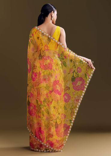 Yellow Organza Saree With Floral Print And Beaded Border