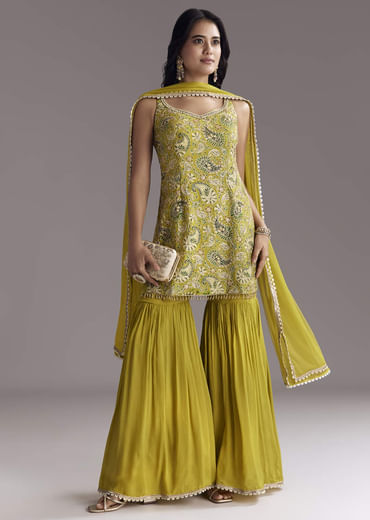 Yellow Paisley Print Sharara Set With Zari Embroidery