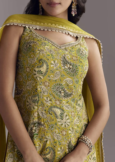 Yellow Paisley Print Sharara Set With Zari Embroidery