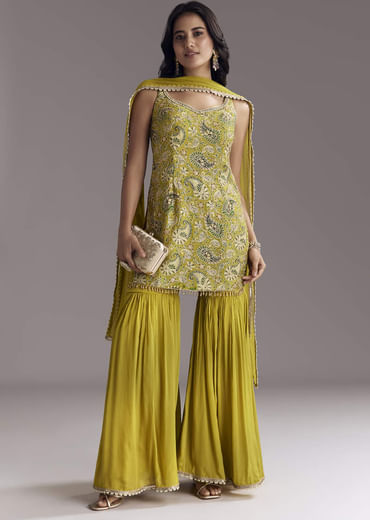 Yellow Paisley Print Sharara Set With Zari Embroidery