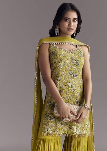 Yellow Paisley Print Sharara Set With Zari Embroidery