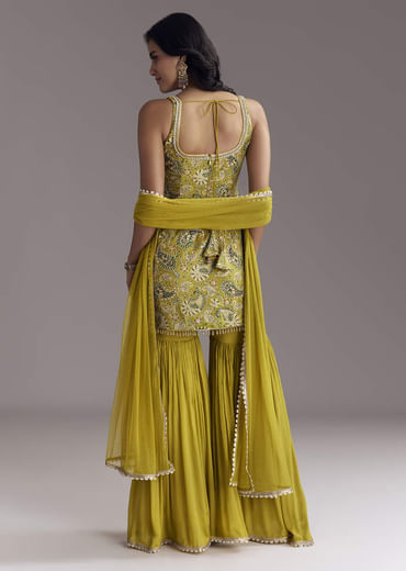 Yellow Paisley Print Sharara Set With Zari Embroidery