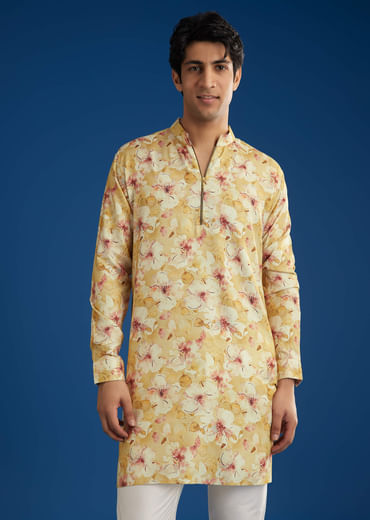 Yellow Pashmina Floral Printed Kurta Set With Zipper