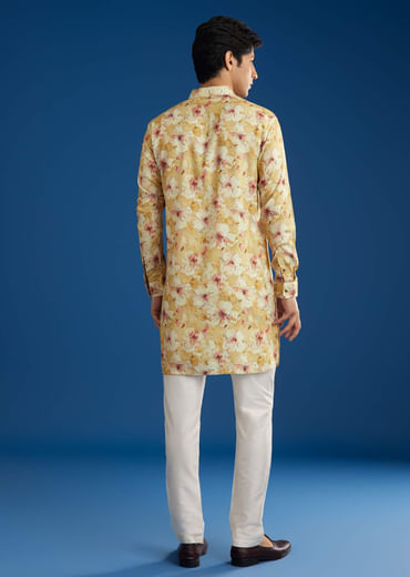 Yellow Pashmina Floral Printed Kurta Set With Zipper