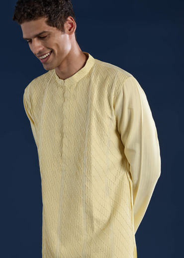 Yellow Pintuck Mens Kurta and Pant Set