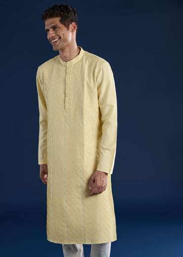 Yellow Pintuck Mens Kurta and Pant Set