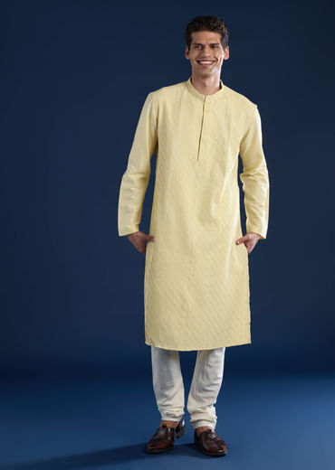 Yellow Pintuck Mens Kurta and Pant Set