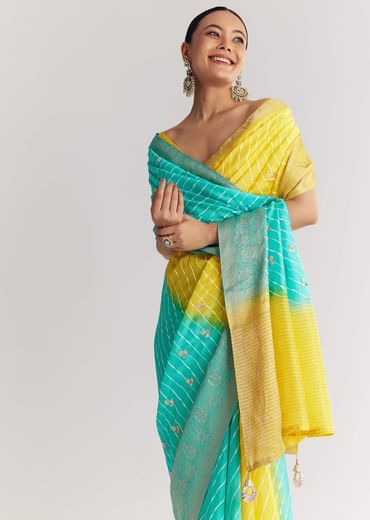 Yellow Rama Saree With Leheriya Print And Floral Gotapatti Embroidery