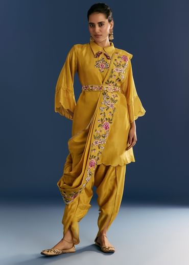 Yellow Resham Embroidered Kurta Dhoti Set With Draped Dupatta And Belt