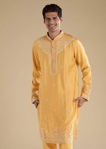 Yellow Resham Work Mens Kurta Set with Dupatta