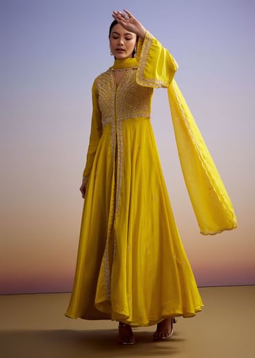 Yellow Russian Silk Palazzo Suit With Cut Dana And Sequins Work