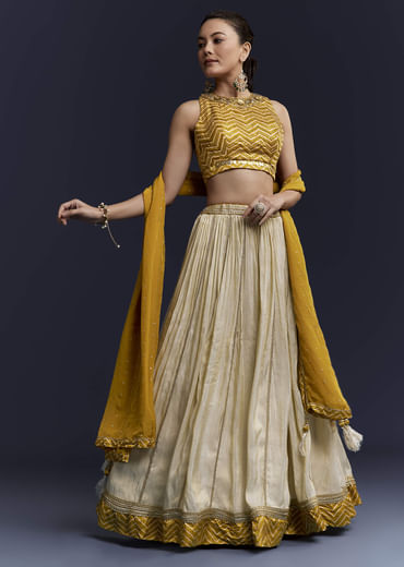 Yellow Satin Bridesmaid Lehenga With Hand Dyed Chevron Print Choli