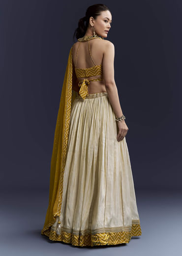 Yellow Satin Bridesmaid Lehenga With Hand Dyed Chevron Print Choli