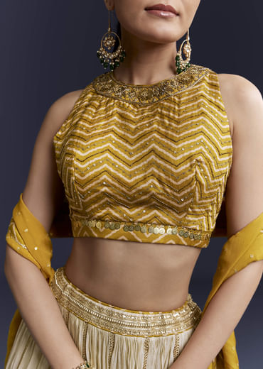 Yellow Satin Bridesmaid Lehenga With Hand Dyed Chevron Print Choli