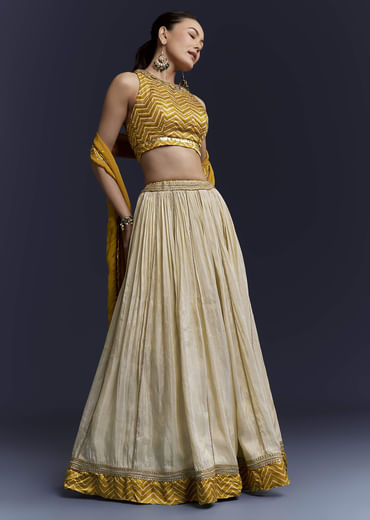 Yellow Satin Bridesmaid Lehenga With Hand Dyed Chevron Print Choli