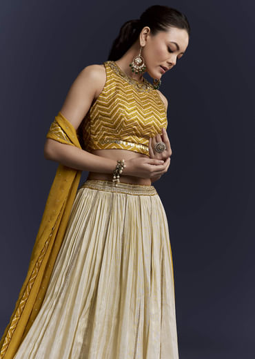 Yellow Satin Bridesmaid Lehenga With Hand Dyed Chevron Print Choli