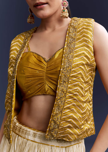 Yellow Satin Festive Lehenga With Hand Dyed Chevron Print Jacket