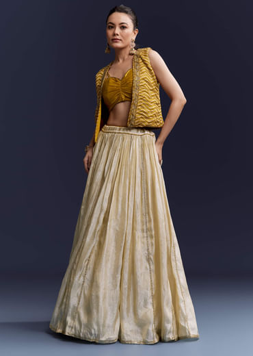 Yellow Satin Festive Lehenga With Hand Dyed Chevron Print Jacket