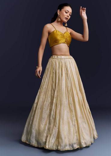 Yellow Satin Festive Lehenga With Hand Dyed Chevron Print Jacket