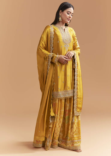 Yellow Satin Palazzo Suit With Gota And Cutdana Work