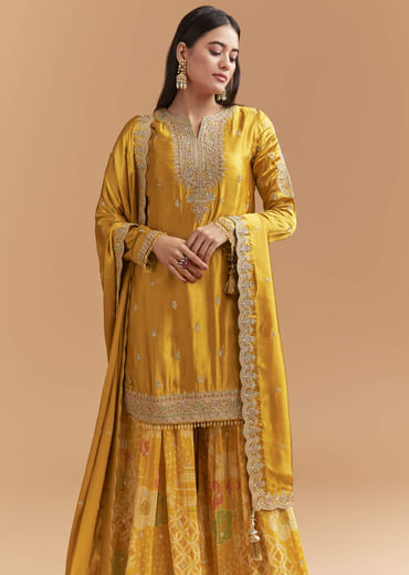 Yellow Satin Palazzo Suit With Gota And Cutdana Work