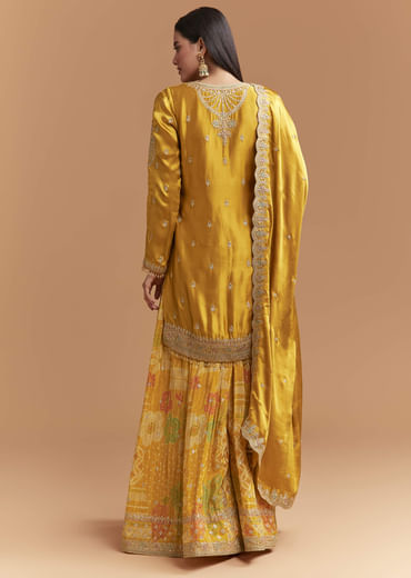 Yellow Satin Palazzo Suit With Gota And Cutdana Work