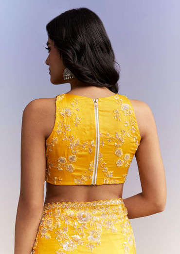 Yellow Satin Saree With Heavy Embroidered Details