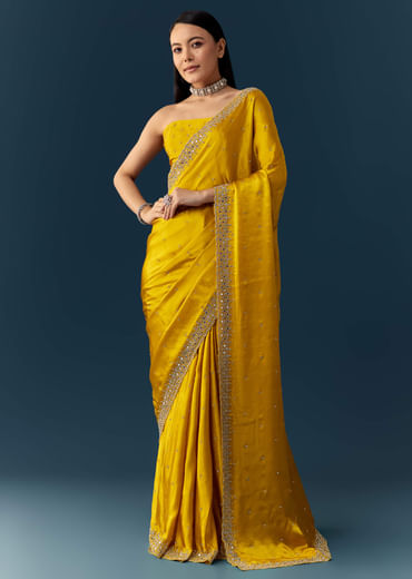 Yellow Satin Saree with Sequins and Unstitched Bouse