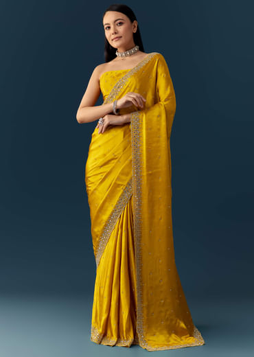 Yellow Satin Saree with Sequins and Unstitched Bouse