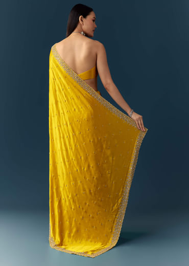 Yellow Satin Saree with Sequins and Unstitched Bouse