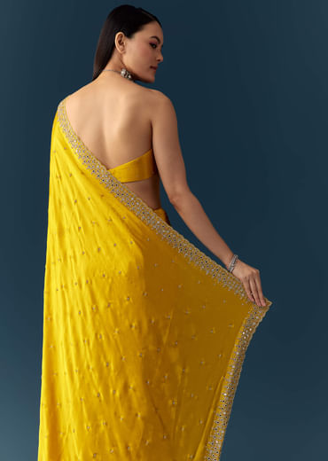 Yellow Satin Saree with Sequins and Unstitched Bouse