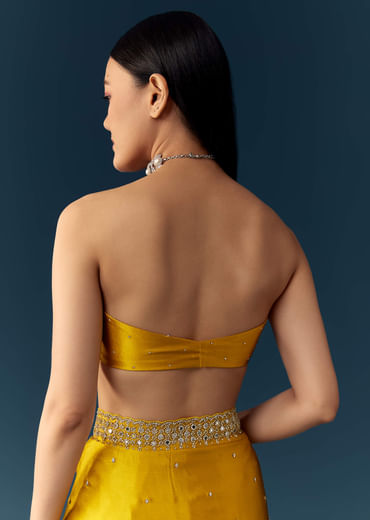 Yellow Satin Saree with Sequins and Unstitched Bouse