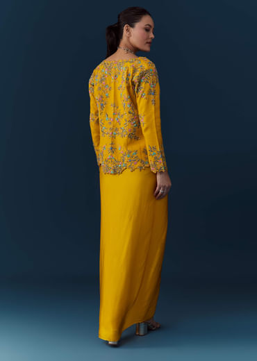Yellow Satin Silk Crop Top Skirt Set with Resham Work
