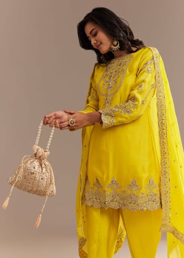 Yellow Satin Zari Embroidered Dhoti Kurta Set