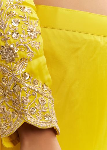 Yellow Satin Zari Embroidered Dhoti Kurta Set