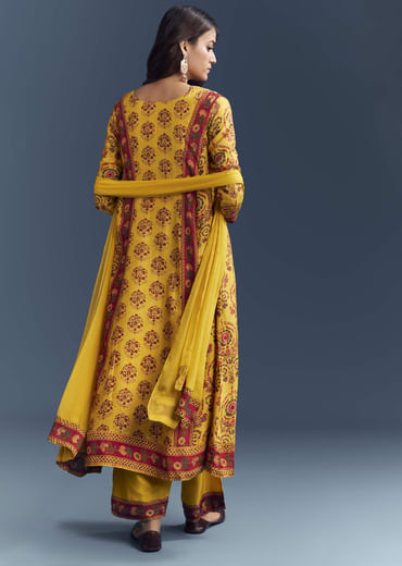 Yellow Silk Anarkali Suit With Floral Print And Zari Embroidery