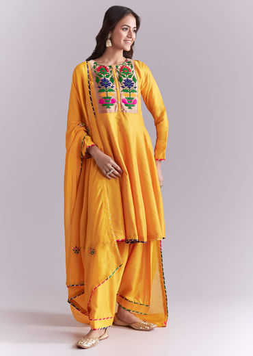 Yellow Silk Anarkali Suit With Pathani Patch Work