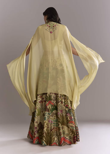 Yellow Silk Crop Top And Printed Skirt Set With Heavy Embroidery
