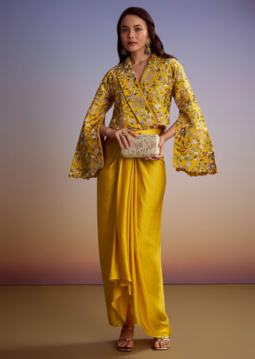 Yellow Silk Crop Top Skirt With Resham Work