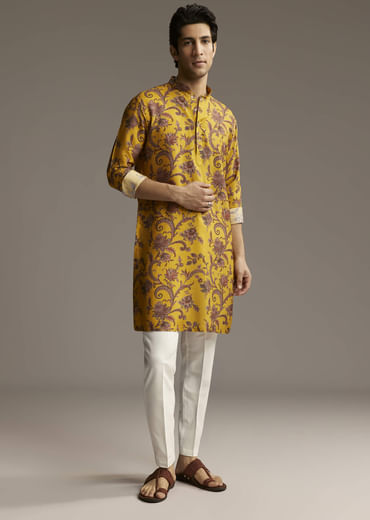 Yellow Silk Designer Kurta For Men With Motif Print