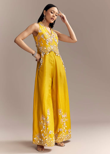 Yellow Georgette Embellished Crop Top And Palazzo Set With Cutdana Work
