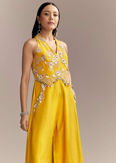 Yellow Georgette Embellished Crop Top And Palazzo Set With Cutdana Work