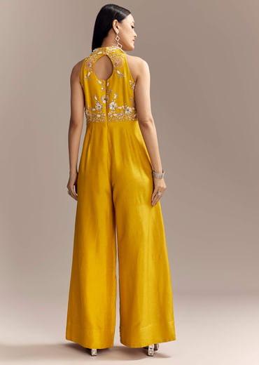Yellow Georgette Embellished Crop Top And Palazzo Set With Cutdana Work