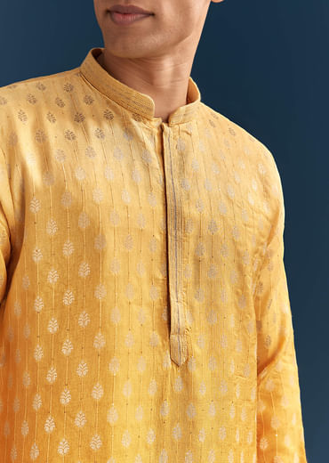 Yellow Silk Foil Kurta Set For Men With Sequins Embroidery