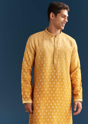 Yellow Silk Foil Kurta Set For Men With Sequins Embroidery