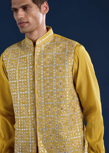 Yellow Silk Jacket Kurta Set with Gota Work