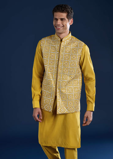 Yellow Silk Jacket Kurta Set with Gota Work